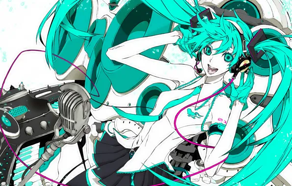 Picture headphones, tie, wire, gloves, microphone, Hatsune Miku, Vocaloid, long hair, singing