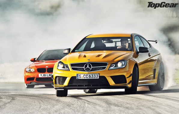 Picture orange, yellow, smoke, BMW, skid, BMW, supercar, drift, Mercedes, AMG, top gear, the front, and, …