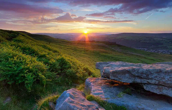 Picture the sky, the sun, clouds, sunset, stones, field, England, valley, the bushes, Yorkshire