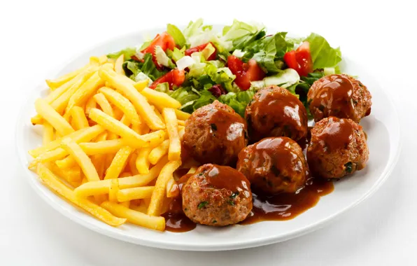 Picture green, meat, tomatoes, salad, tomatoes, French fries, burgers, meat, meatballs