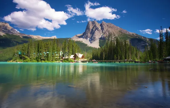 Picture forest, mountains, river, Canada, Canada, houses., Yoho, Emerald