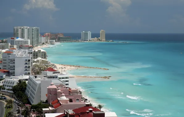 Picture sea, beach, the sky, landscape, clouds, coast, home, horizon, Mexico, panorama, Cancun
