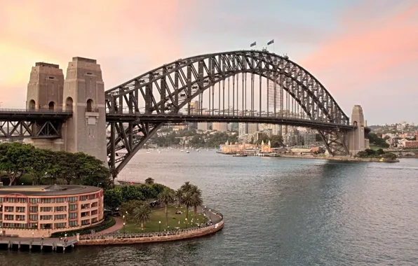 Picture sunset, bridge, the city, Australia, Bay, Sydney, Australia, Sydney, Sydney Harbour Bridge, Harbour Bridge, flags., …