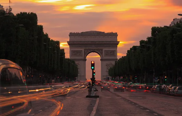 Picture lights, Paris, the evening, twilight, Champs Elysees, Arch