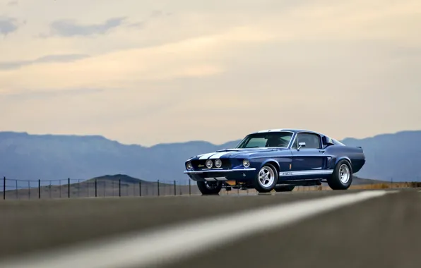 Picture road, the sky, mountains, the fence, Mustang, Ford, Shelby, GT500, wheel, side