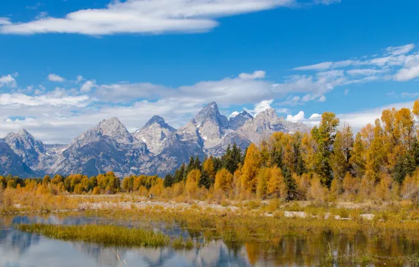 Picture autumn, the sky, clouds, trees, mountains, river, Wyoming, USA, grand teton national park