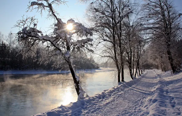 Picture winter, road, river