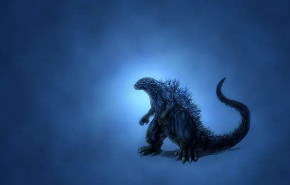 Picture dinosaur, glow, minimalism, blue background, Godzilla, darkish, Godzilla