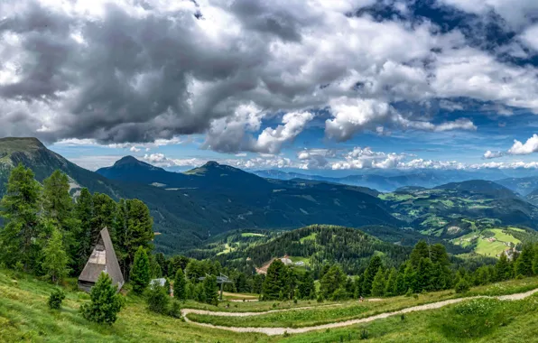 Picture the sky, clouds, trees, mountains, field, valley, slope, Italy, house, path, forest, Bolzano