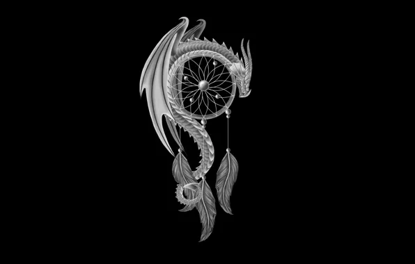 Picture dragon, minimalism, feathers, black background, dragon, Dreamcatcher, Dreamcatcher