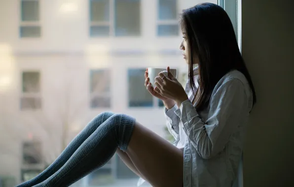 Picture reverie, window, legs, knee, Julia, daydreaming, a Cup of coffee