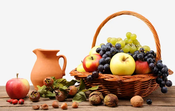 Picture basket, apples, briar, grapes, pitcher, fruit, nuts