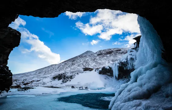 Picture ice, winter, snow, mountains, lake, cave, the grotto