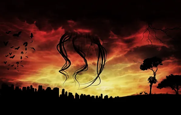 Picture city, red, monster, nature, clouds, tentacle, atack