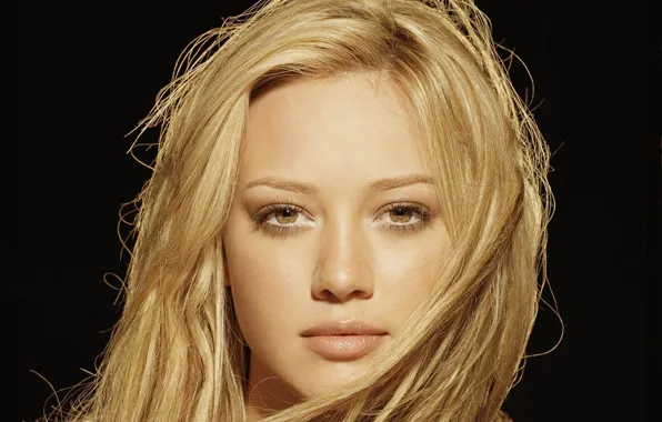Picture look, girl, face, actress, blonde, lips, black background, Hilary Duff, brown eyes