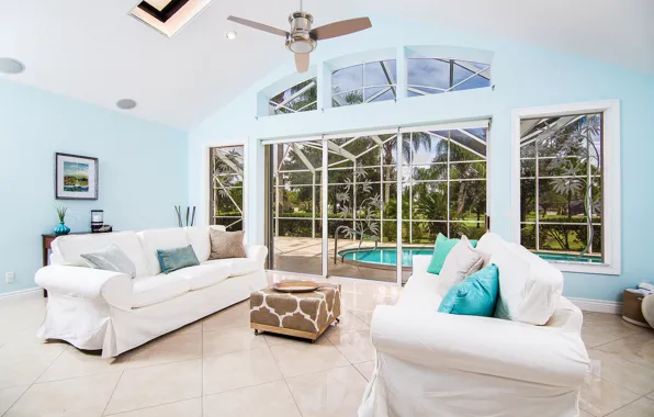Picture windows, summer, pool, garden, painting, living room, palm trees, cushions, sunny, doors, sofas, ceiling fan