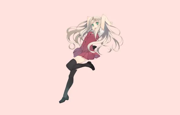 Picture girl, minimalism, stockings, dress, pink background, flies, green eyes, blonde hair