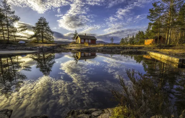 Picture clouds, trees, lake, reflection, home, Norway, Norway, RINGERIKE, Ringerike