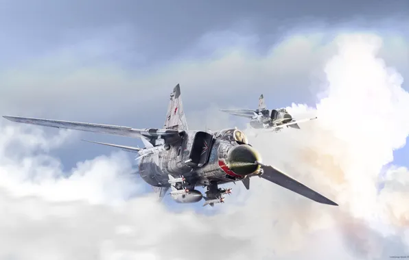 Picture clouds, fighter, flight, by ABiator, Soviet MiG-23, Alexander Yartsev, Silver arrows, Soviet MiG's-23