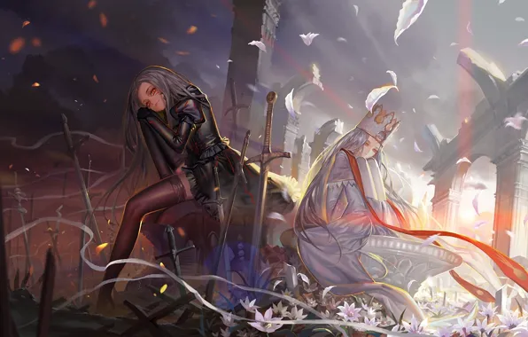 Picture flowers, weapons, girls, sword, crown, petals, ruins, arch, battlefield, fate stay night, fate zero