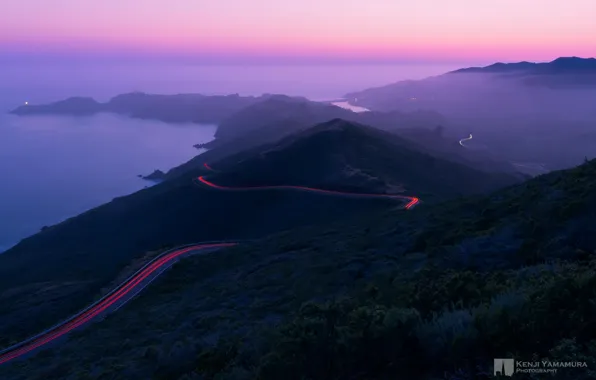 Picture road, mountains, lights, fog, twilight, photographer, Kenji Yamamura