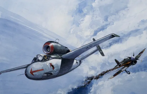 Picture war, art, airplane, painting, aviation, ww2, dogfight, het, Hawker Tempest Mk.V, Heinkel He-162 &quot;Salamander&quot;