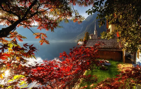 Picture autumn, trees, nature, lake, paint, Austria, Hallstatt