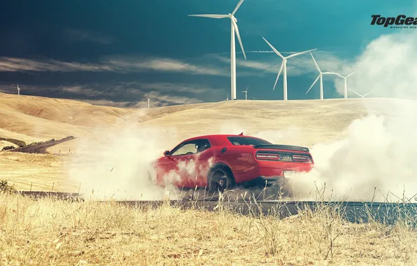 Picture Top Gear, Dodge, Challenger, Red, Smoke, Hellcat, SRT, Rear, 2015
