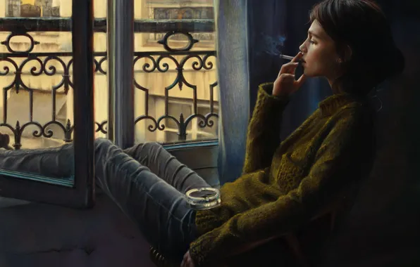 Picture girl, window, art, cigarette, smokes, ashtray