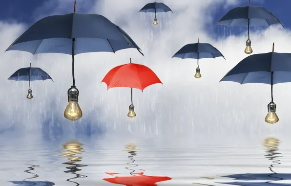Picture water, reflection, rain, umbrellas, umbrellas, light bulb