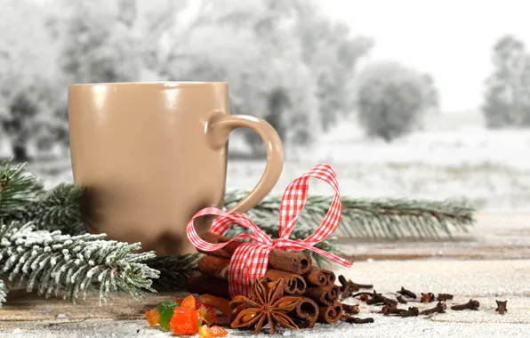 Picture winter, snow, sprig, tea, coffee, tape, pine, winter, snow, cup, coffee, tea, ribbon, cinnamon, pine …