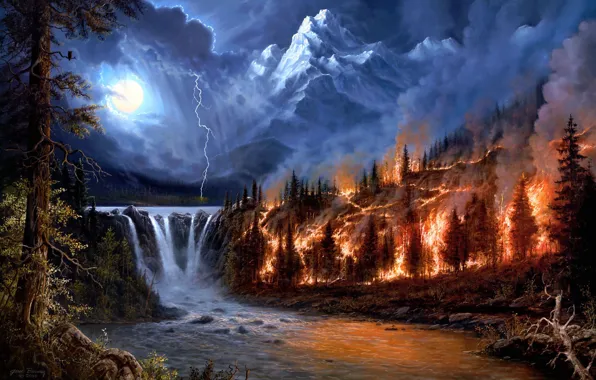 Picture forest, landscape, river, fire, fire, element, lightning, waterfall, art, Jesse Barnes, a fire in the …