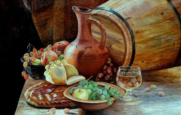 Picture wine, figure, glass, food, picture, pitcher, fruit, painting, barrel, brandy, Lutsenko, still life with grapes