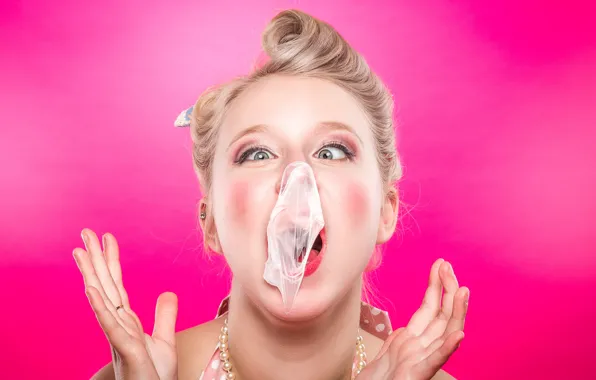 Picture girl, cry, chewing gum, Pink Bursted Bubble
