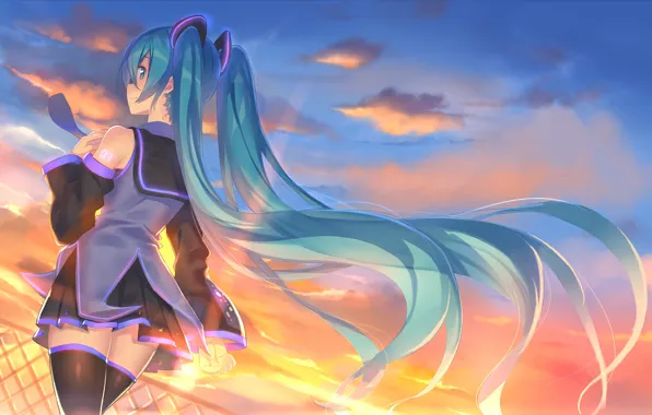 Picture the sky, girl, clouds, sunset, the fence, anime, art, vocaloid, hatsune miku, kame^^