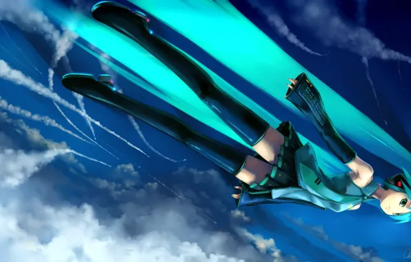 Picture clouds, vocaloid, Hatsune Miku, flies, blue hair, blue sky, black stockings, the trace of the …