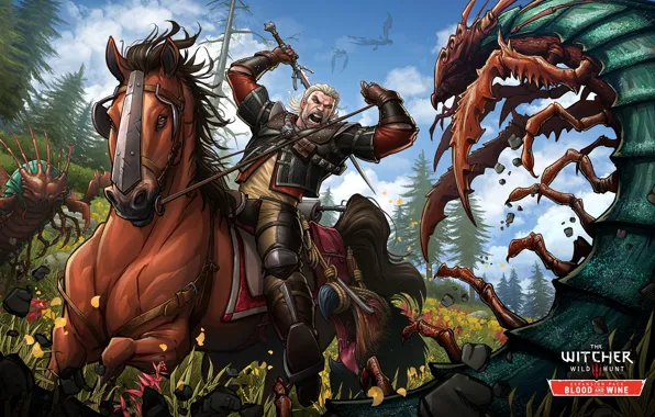 Picture attack, horse, sword, the Witcher, art, Witcher, Gwynbleidd, Patrick Brown, PatrickBrown, Wild Hunt, Geralt of …