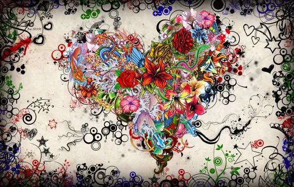 Picture flowers, emotions, heart, stars, colorful