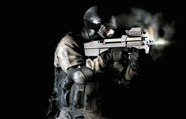 Picture fire, black background, shooter, personal defense weapon, Belgian submachine gun, Fabrique Nationale de Herstal, PDW, …