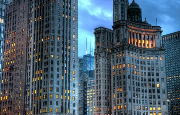 Picture lights, building, skyscrapers, the evening, USA, America, Chicago, Chicago, USA, skyscrapers, illinois, Il
