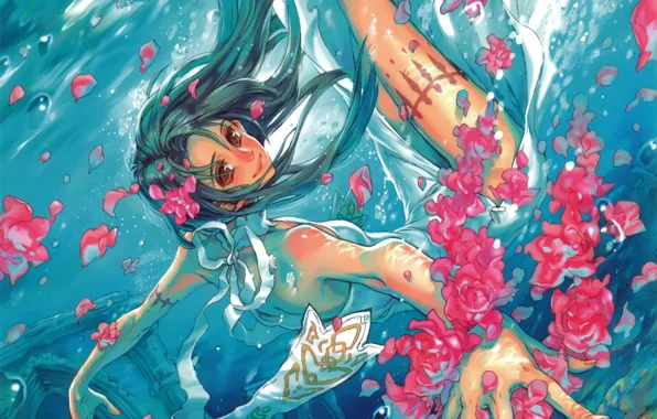 Picture girl, flowers, bubbles, anime, petals, art, under water, midori foo