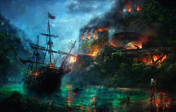 Picture ship, fortress, burns, assassin, Assassin's Creed, Black Flag, Assassin's Creed IV: Black Flag