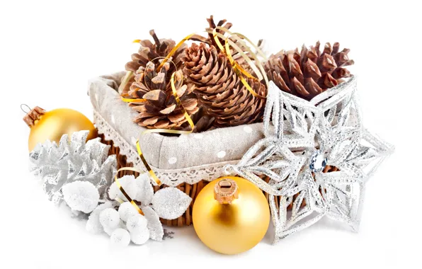 Picture balls, decoration, balls, the scenery, basket, Christmas, bumps, gold, snowflake, holidays, New Year, silver
