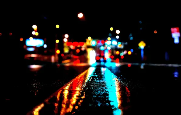 Picture city, lights, night, bokeh, high, contrast, rainy