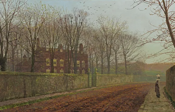 Picture road, autumn, girl, trees, birds, branches, house, street, the fence, picture, John Atkinson Grimshaw