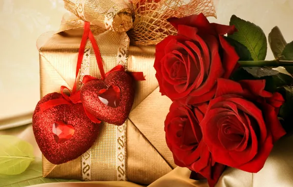 Picture love, flowers, gold, holiday, box, gift, feelings, roses, pair, tape, hearts, red, bow, Valentine's day, …