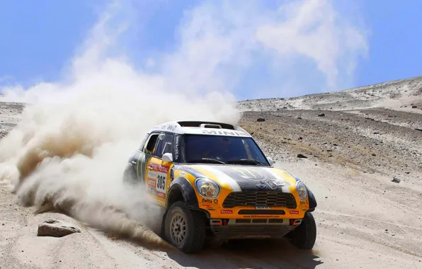 Picture Sand, Yellow, Dust, Day, Mini Cooper, Heat, Rally, Dakar, MINI, The front, Mini Cooper, X-raid