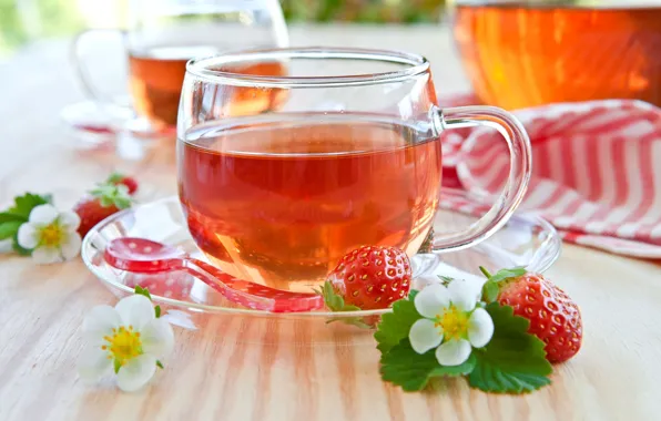 Picture leaves, flowers, berries, table, tea, strawberries, strawberry, spoon, Cup, dishes, red, white, saucer
