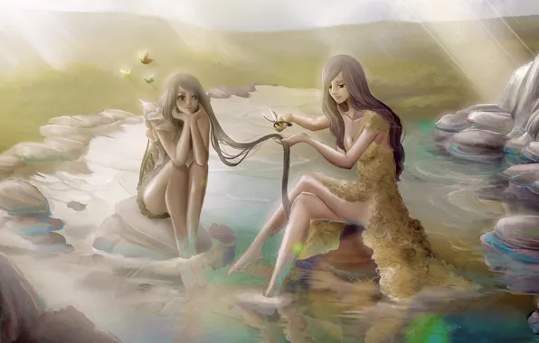 Picture water, rays, butterfly, nature, girls, art, painting, sisters, long hair, scissors