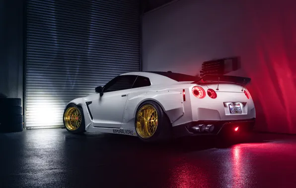 Picture Imperial, Light, Nissan, GT-R, White, Garage, Rear, Works